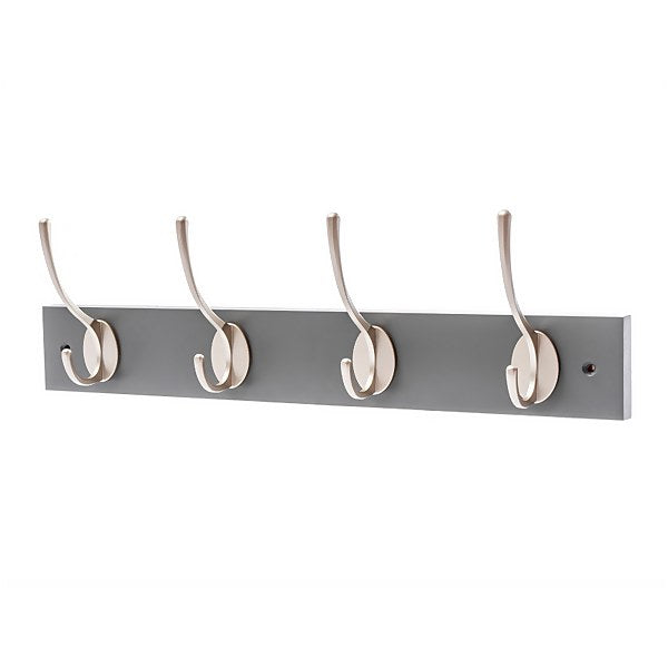 4 Hook Board with Grey Satin Nickel Hooks, 460x80x17mm – Durable Wall Mount Organizer | Keans Claremorris