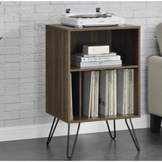 Concord Turntable Stand Walnut with white metal hairpin legs, blue record dividers, mid-century design by Keans Claremorris