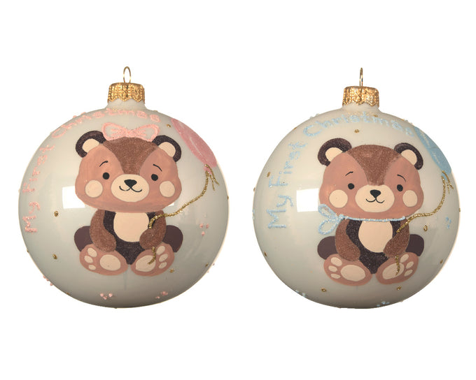 Enamel glass bear ornament with pink or blue balloon, silver cap, ribbon hanger, My First Christmas decoration - Keans