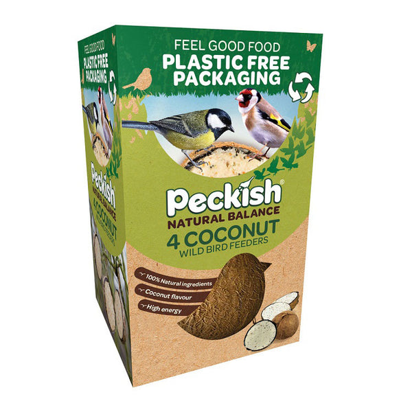 Peckish Natural Balance Coconut Feeder 4PK with sunflower seeds and peanut aroma, plastic-free packaging – Keans Claremorris