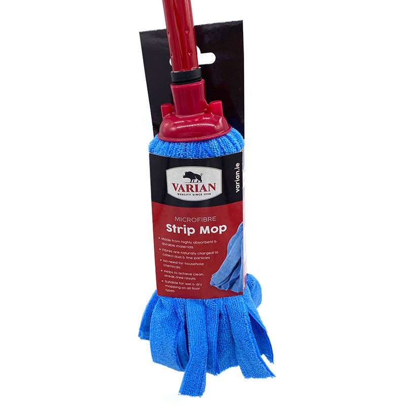Red microfibre strip mop, highly absorbent, gentle on surfaces, fits Varian metal handle – Keans Claremorris.