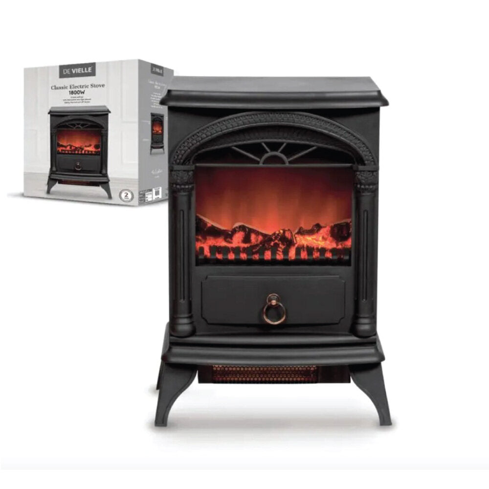 Classic Electric Stove Black 1800W with log flame effect, adjustable heat & brightness, cast finish – Keans Claremorris