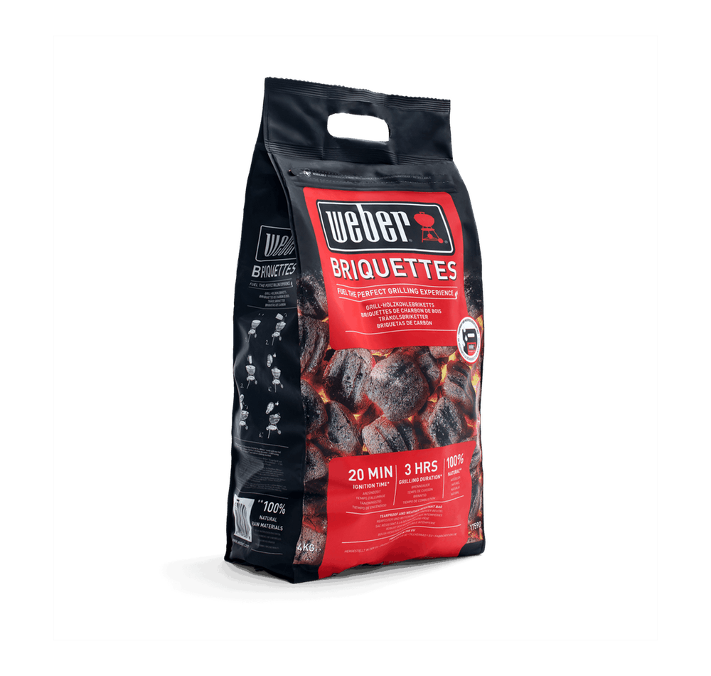 Weber 4kg natural charcoal briquettes, quick ignition, long-lasting burn, chemical-free BBQ fuel, available at Kean’s