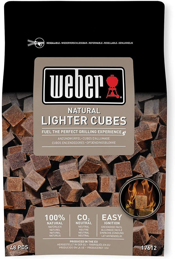 Weber Natural Lighter Cubes – eco-friendly, quick ignition for charcoal BBQs, odourless, ash-free, available at Kean’s