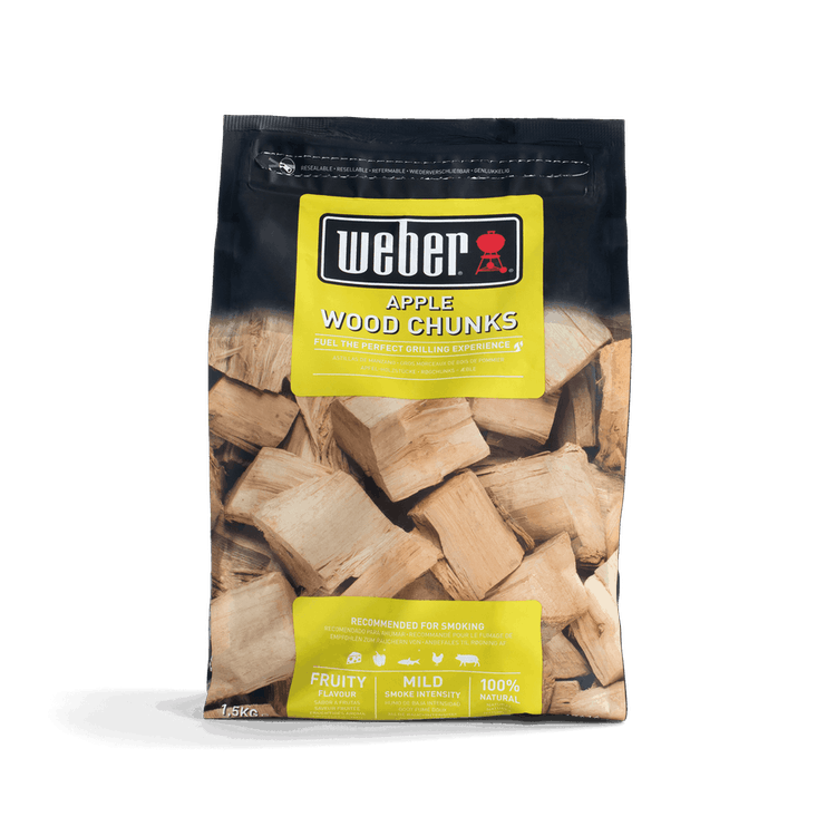 Weber Apple Smoking Wood Chunks for BBQ, sweet mild flavor, natural hardwood, resealable bag, available at Kean’s