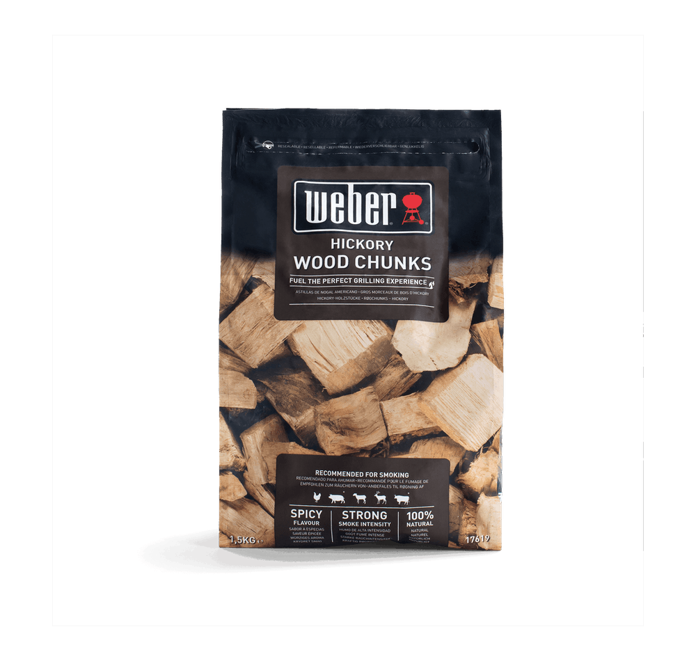 Weber Hickory Wood Chunks 1.5KG for rich smoky BBQ flavor, natural hardwood, perfect for grills and smokers – available at