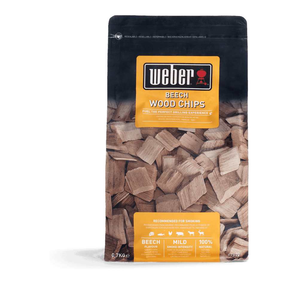 Weber Beech Wood Chips 0.7KG for delicate smoky flavor on fish & poultry, compatible with gas & charcoal grills, at Kean’s