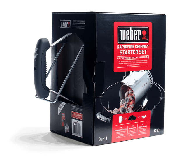 Weber Rapidfire Chimney Starter Set with briquettes and lighter cubes for fast, safe charcoal grilling – available at Kean’s