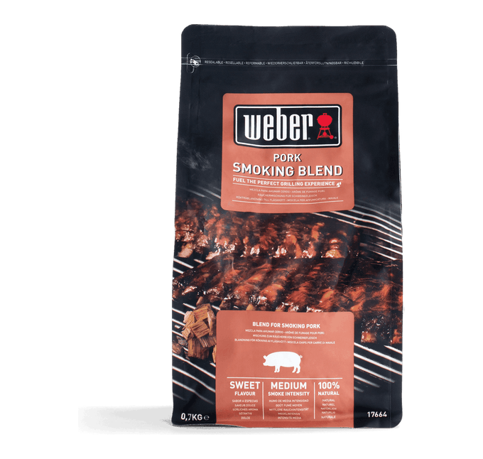 Weber Pork Wood Chips Blend for ribs and pulled pork, hardwood & fruitwood mix, sweet smoky flavor, available at Kean’s