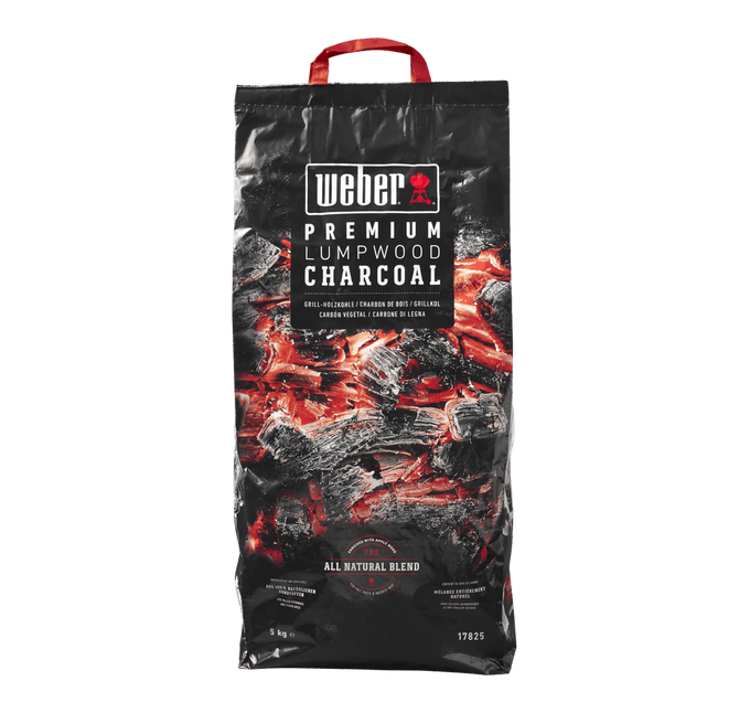 Weber Premium Lumpwood Charcoal 5kg bag, natural hardwood blend, fast lighting, high heat, smoky flavor – available at
