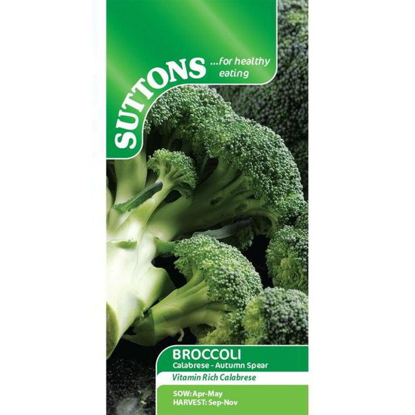 Suttons Broccoli Calabrese Autumn Spear green spears, sweet earthy flavor, harvest Sept-Nov, Keans Claremorris