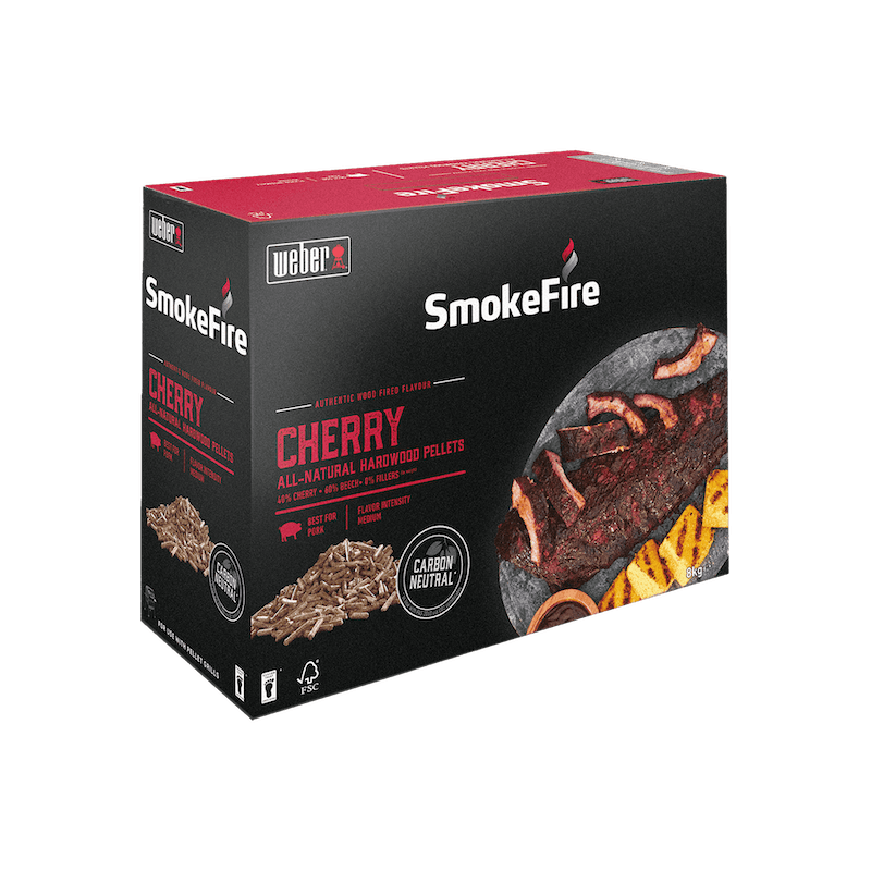 Weber FSC Cherry Wood Pellets 8kg, 40% cherry blend, carbon-neutral, clean-burning BBQ fuel, available at Kean’s