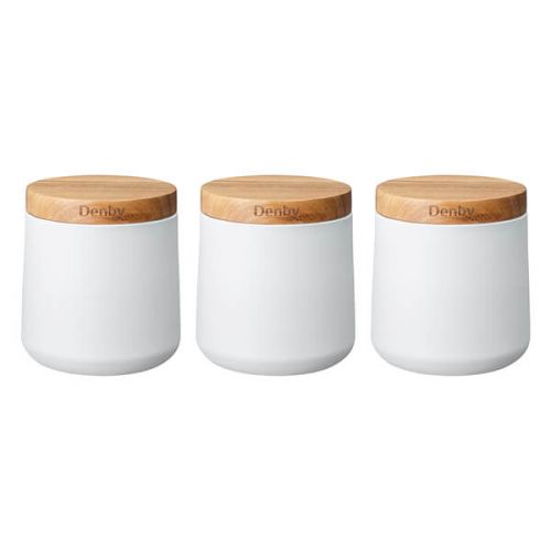 Denby Set of 3 White Storage Canisters with Acacia lids, 700ml, galvanised steel, airtight seal – Keans Claremorris.
