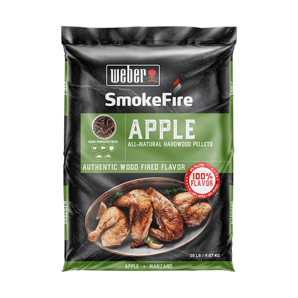 Weber Apple Wood Pellets 9kg, 100% natural hardwood blend, mild sweet smoke, ideal for BBQ grilling, available at Kean’s