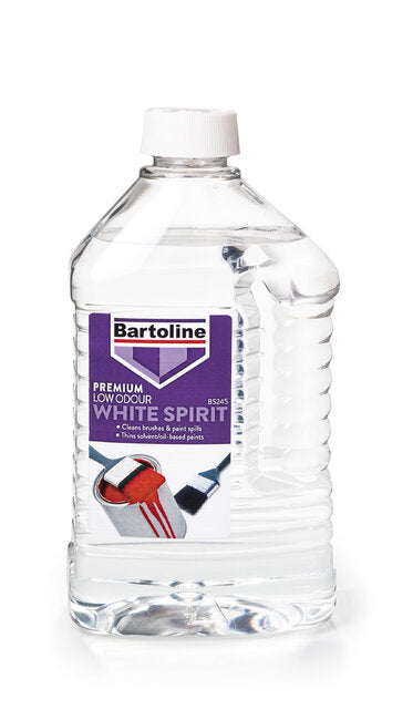 Bartoline Low Odour White Spirits 2L for oil-based paint thinning and wallpaper removal, available at Keans Claremorris.