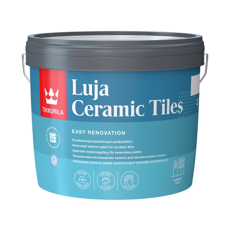 Tikkurila Luja 2.7L ceramic wall tile paint, semi-matt, durable for wet/dry areas, primer and top coat in one – Keans