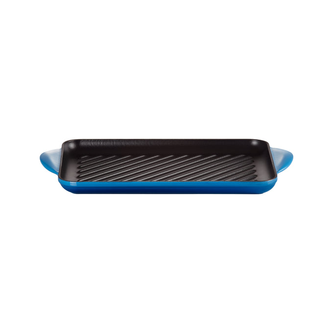 Le Creuset 32cm Azure Cast Iron Rectangular Grill with ribbed base, satin black enamel, suitable for all hobs – Keans