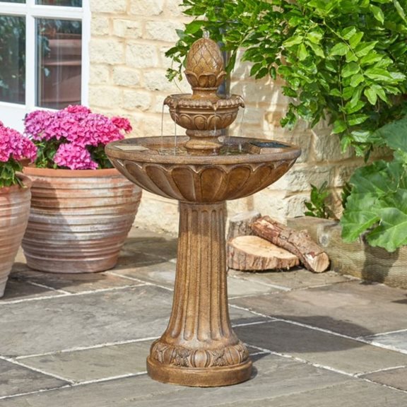 Queensbury 3-tier solar garden fountain in weathered stone resin, weather-resistant, battery backup, outdoor use - Keans