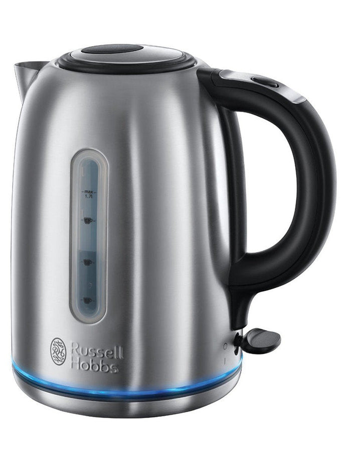 Russell Hobbs Quiet Boil 1.7L Kettle with rapid boil, quiet boil tech, blue light ring, brushed steel – Keans Claremorris