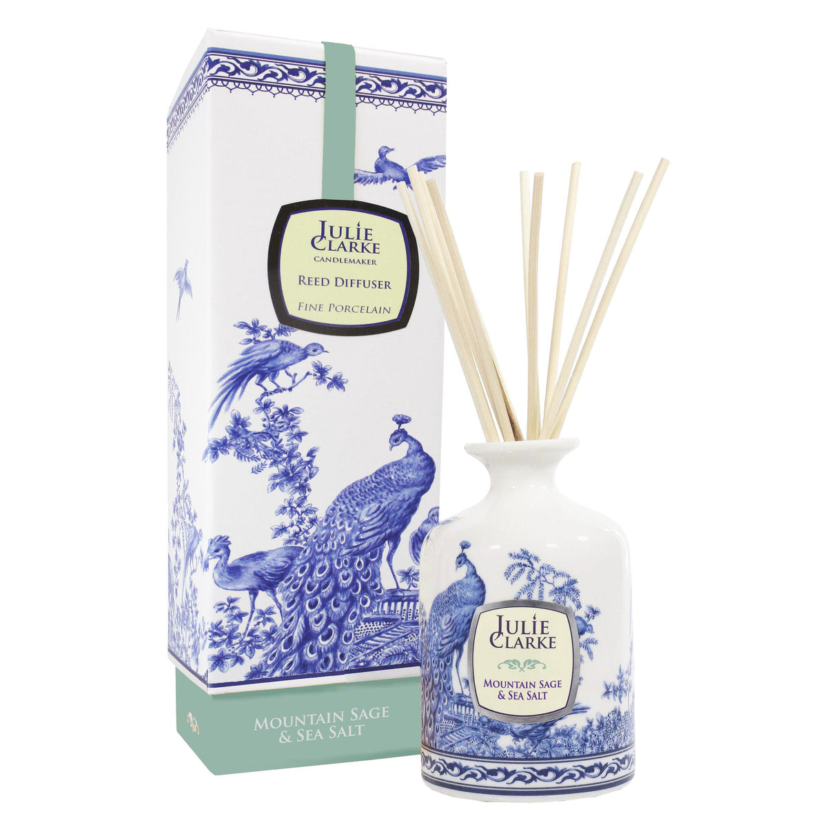 JC Peacock Diffuser 150ml Sage & Sea Salt in elegant porcelain bottle, vegan, cruelty-free, handmade in Galway – Keans
