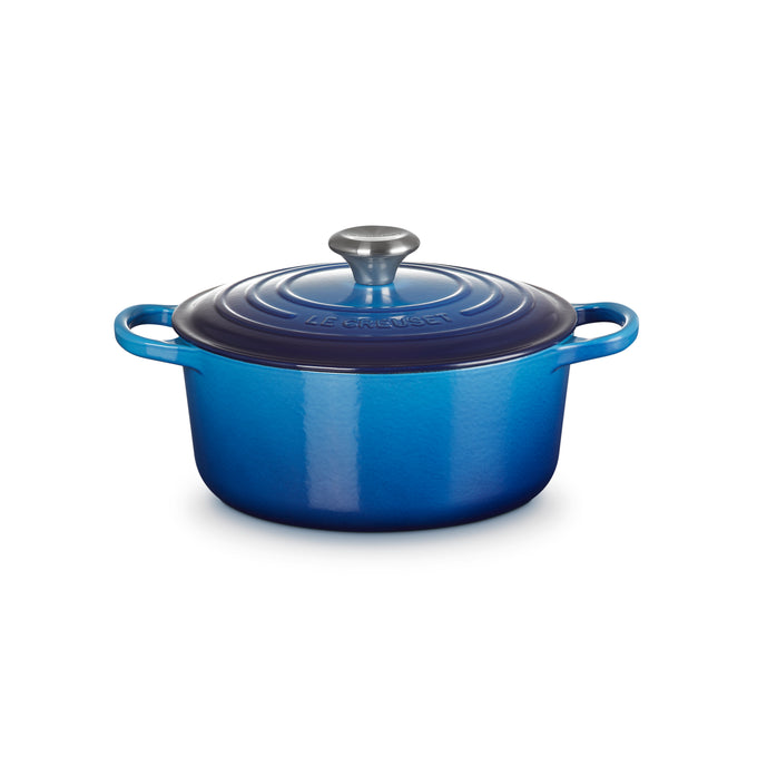 Round Casserole 24cm Azure Blue with enamel interior, stainless steel knob, induction compatible – Keans Claremorris