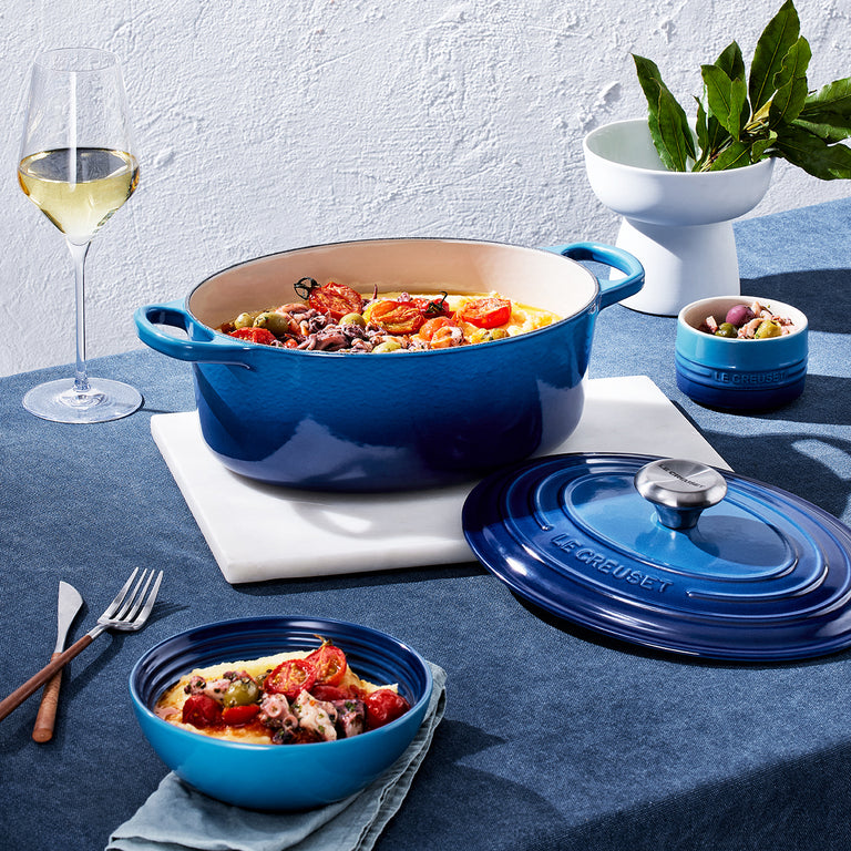 Le Creuset 27cm Oval Casserole 4.1L Azure Blue, cast iron, enamel interior, stainless steel knob, oven and hob safe – Keans