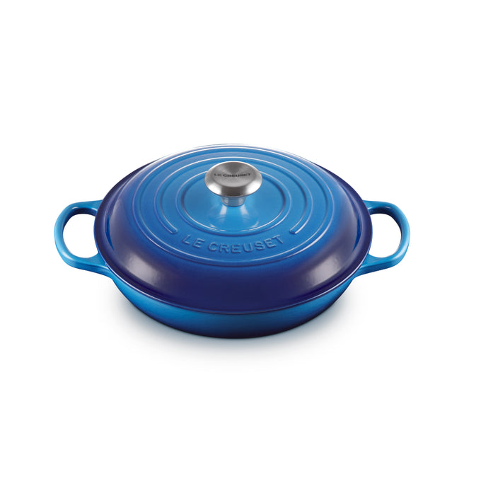 Le Creuset 26cm Azure Cast Iron Shallow Casserole with enamel interior, stainless steel knob, induction compatible – Keans
