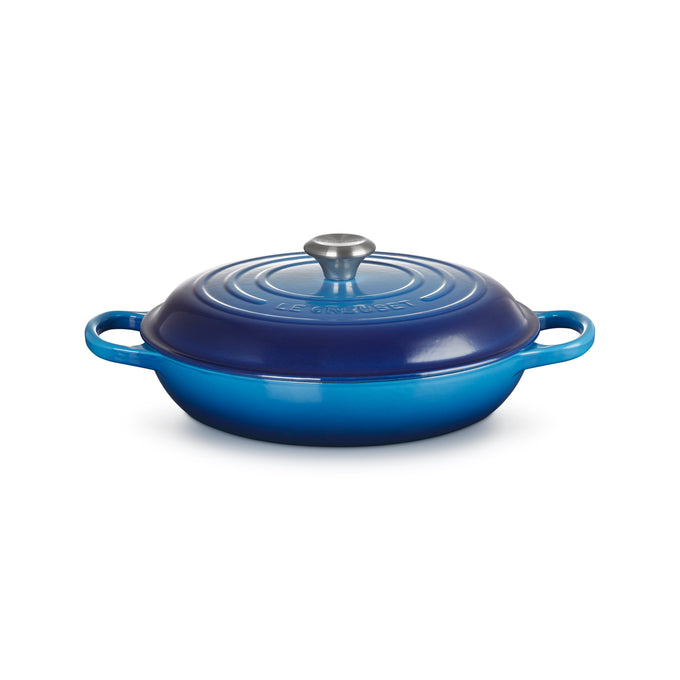 Le Creuset 30cm Azure Cast Iron Shallow Casserole with enamel interior, large handles, stainless steel knob – Keans
