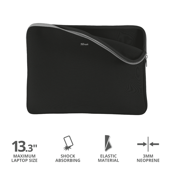 Trust Primo Soft Sleeve for 13.3" laptops in black, protective and slim fit – available at Keans Claremorris.