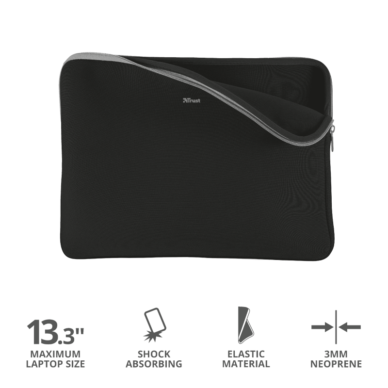 Trust Primo Soft Sleeve for 13.3" laptops in black, protective and slim fit – available at Keans Claremorris.