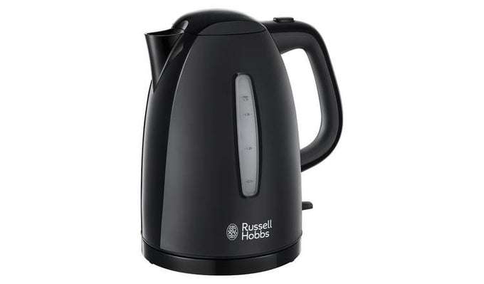 Russell Hobbs Textures 1.7L black kettle with rapid boil, dual water window, 360° base, washable filter – Keans Claremorris