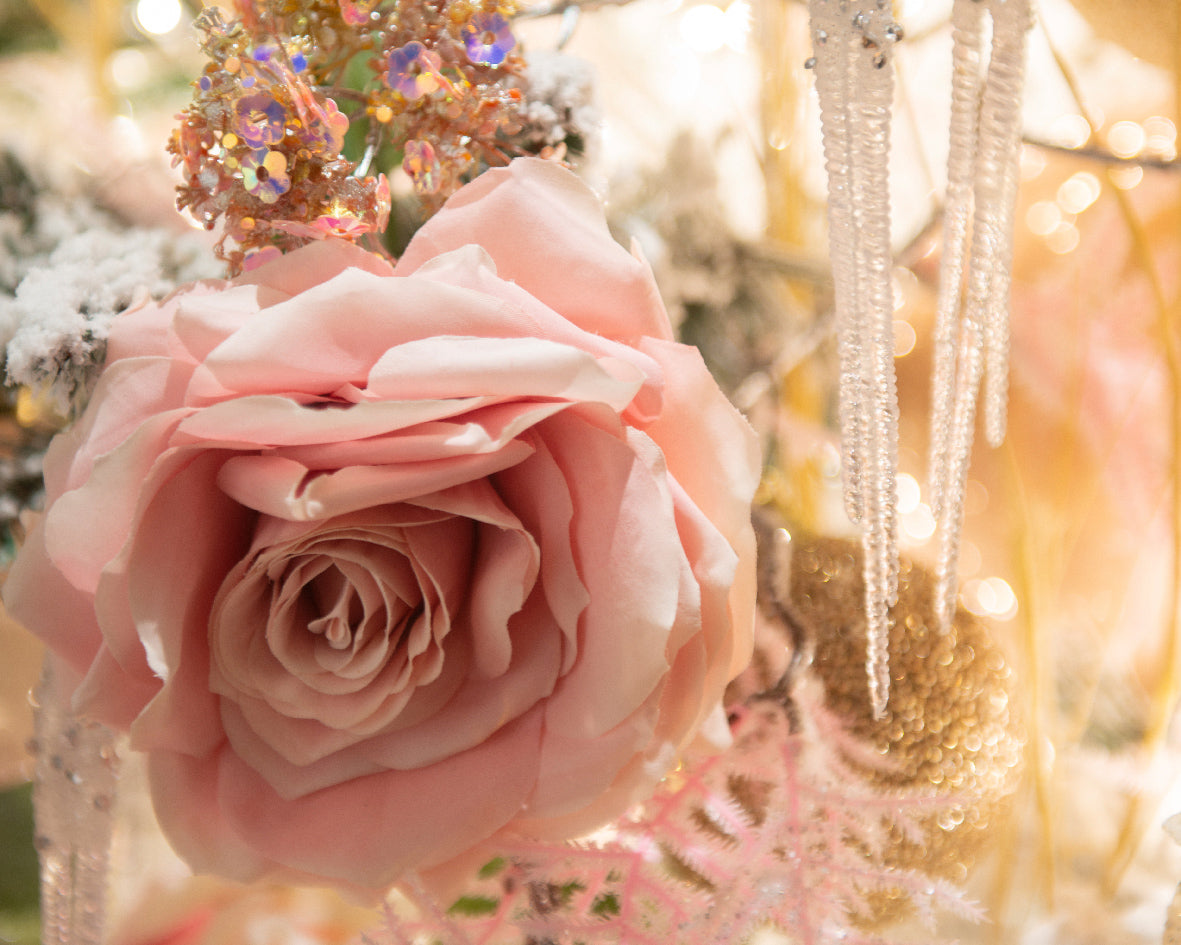 Artificial pink polyester rose on stem, realistic flower decoration – Keans Claremorris