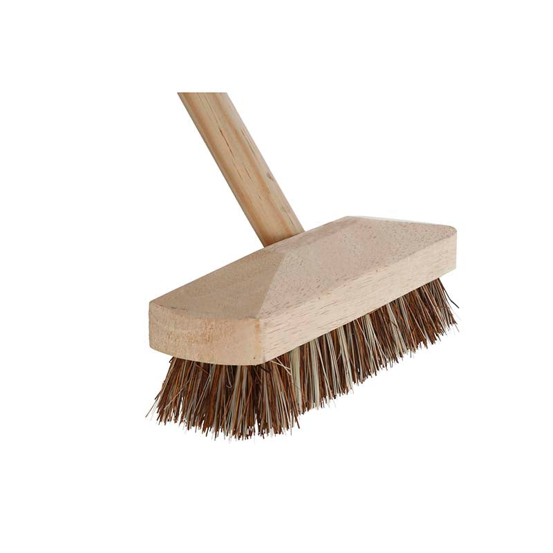 9" Deck scrub brush with stiff union fibre bristles, timber head for heavy outdoor debris - Keans Claremorris