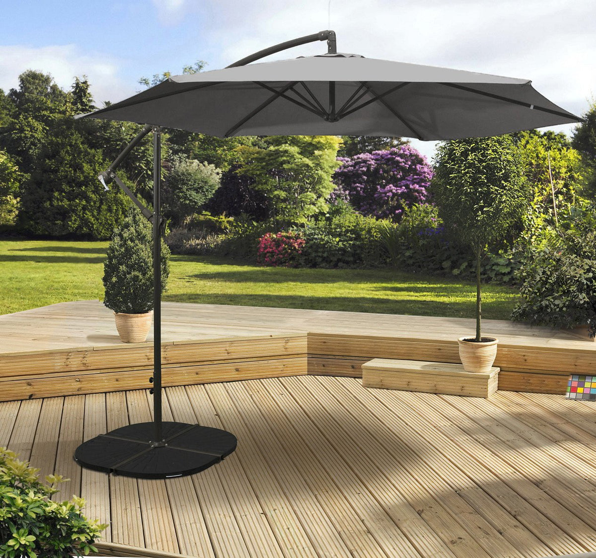 Grey 3M overhang parasol with crank, UV protection, showerproof fabric – ideal garden shade by Keans Claremorris