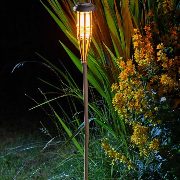 Flaming Bamboo Tiki Torch with realistic flame, solar-powered, cool to touch, authentic bamboo design – Keans Claremorris.