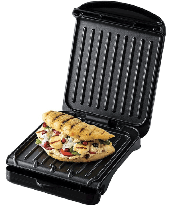 George Foreman Small Fit Grill with 30% space saving, fast heat-up, and clip-in drip tray - available at Keans Claremorris.