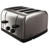 Russell Hobbs Futura 4-slice stainless steel toaster with variable browning, reheat, frozen bread, and removable crumb tray