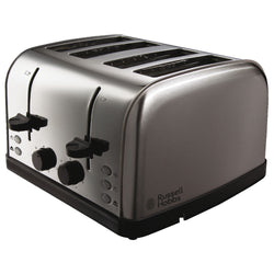 Russell Hobbs Futura 4-slice stainless steel toaster with variable browning, reheat, frozen bread, and removable crumb tray