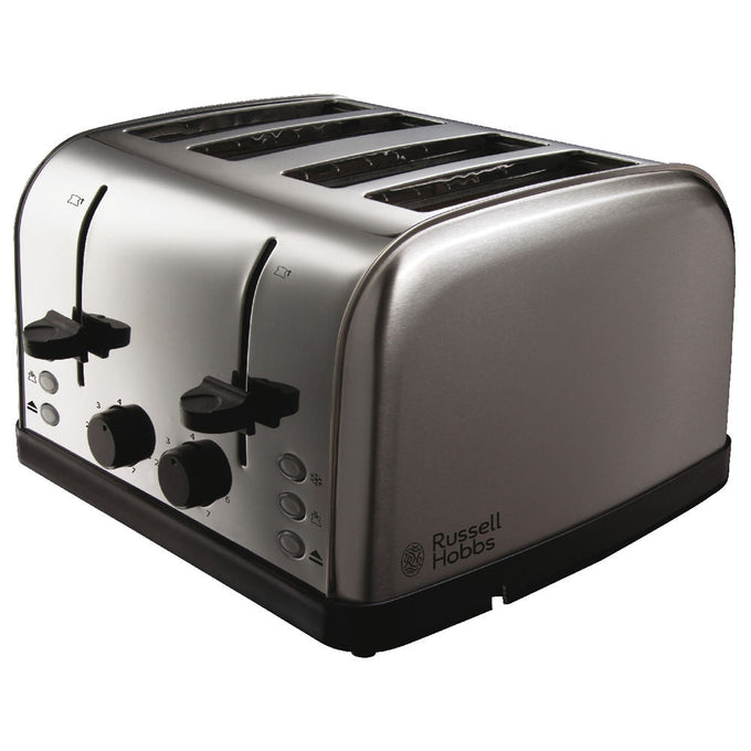 Russell Hobbs Futura 4-slice stainless steel toaster with variable browning, reheat, frozen bread, and removable crumb tray