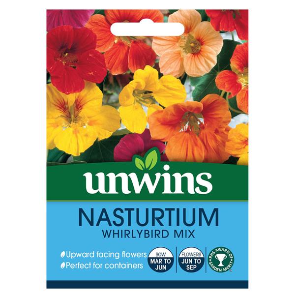 Nasturtium Whirlybird Mix with single and semi-double blooms, easy to grow, peppery leaves, from Keans Claremorris.