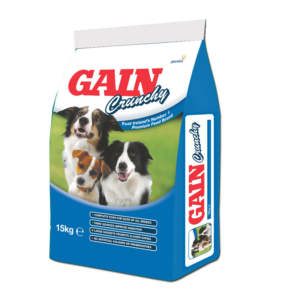 Gain Crunchy Dog Food 15kg bag with large nuggets for slow eating, high protein, ideal for working dogs – Keans Claremorris.