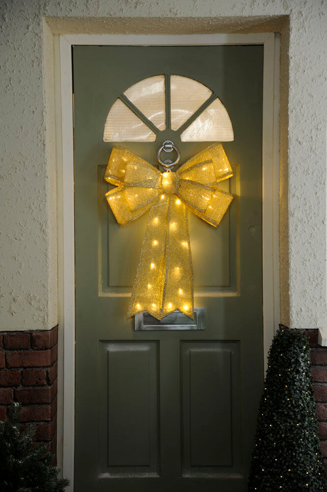 Battery operated gold bow with 40 warm white lights, 50x72cm, indoor/outdoor, Keans Claremorris.