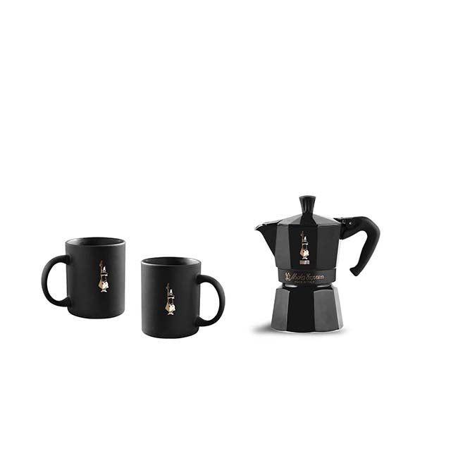 Bialetti 3539 Moka Express Hob Espresso Coffee Maker & 2 Mugs - Black Star Edition Gift Set