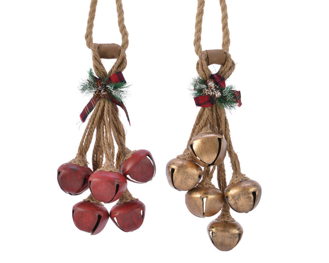 Bundle of two antique red and gold iron bells with check bow and jute hanger, 29cm tall – Keans Claremorris