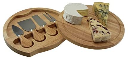 Cheese Board Set with 4 knives, durable eco-friendly Hevea wood, easy to clean, 21x21cm by Keans Claremorris.