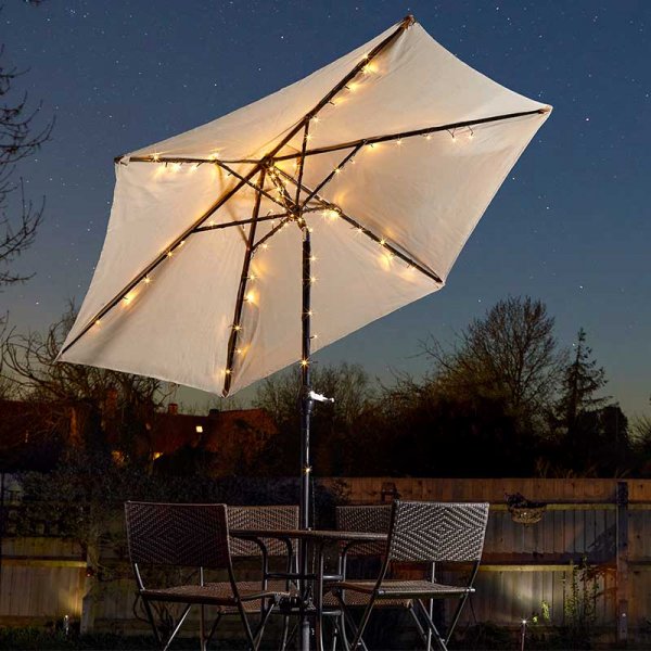 Solar powered parasol string lights with 72 warm white LEDs, auto-on, flashing options, no wiring – Keans Claremorris.