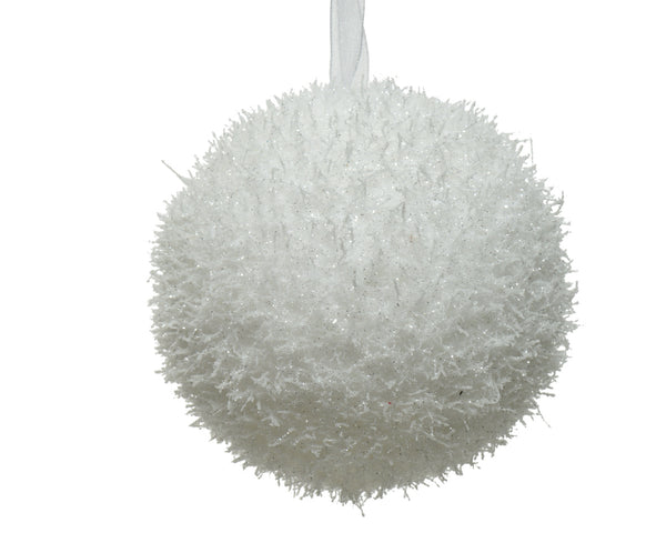 White foam Christmas bauble 10 cm with ice finish and white organza hanger – festive décor by Keans Claremorris
