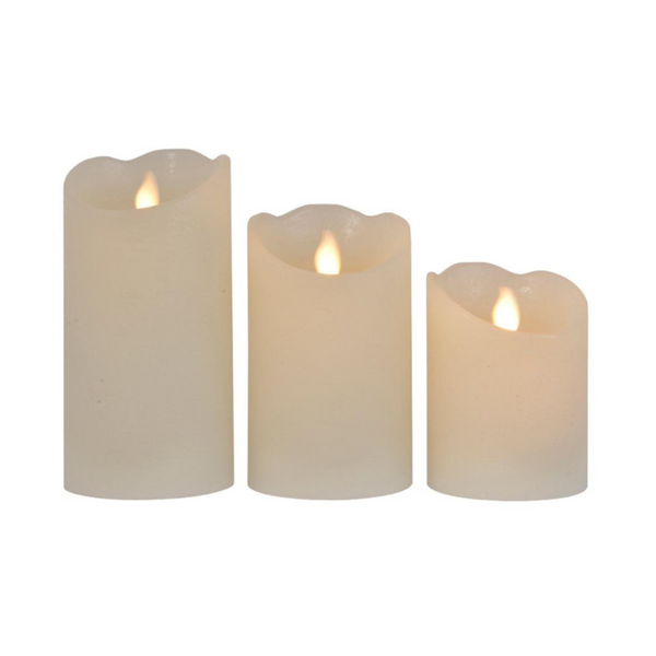 Set of 3 rustic LED wax candles with remote, warm white light, safe indoor decor – Keans Claremorris.