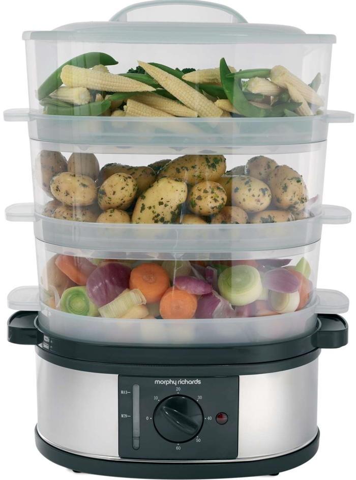 Morphy Richards 3 Tier Steamer 9L with 60-min timer, stainless steel base, visible water gauge - Keans Claremorris