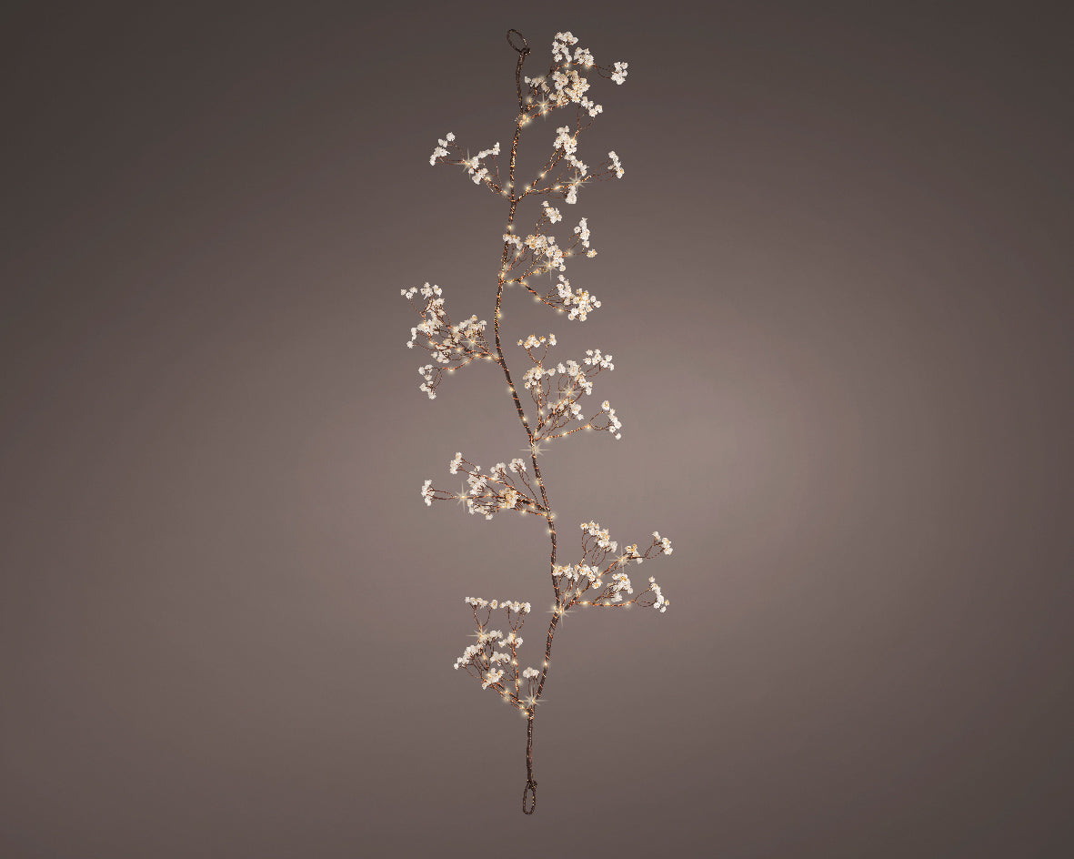 100 Warm White Micro LED Garland with White Flowers, Steady Light, Battery Operated, Timer, IP44 Outdoor/Indoor – Keans